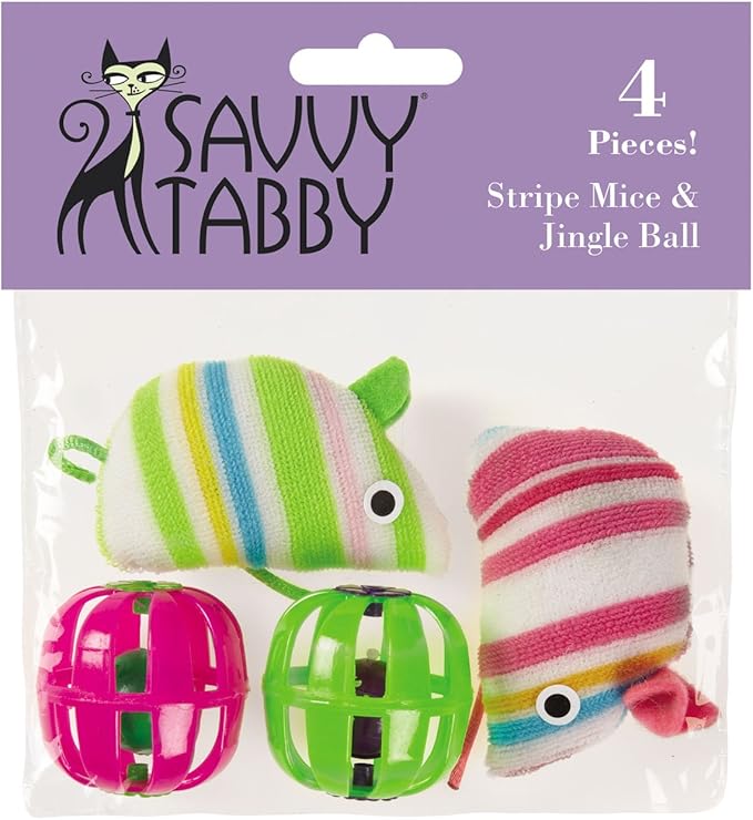 Striped Mice and Jingle Balls Cat Toys, 4-Packs