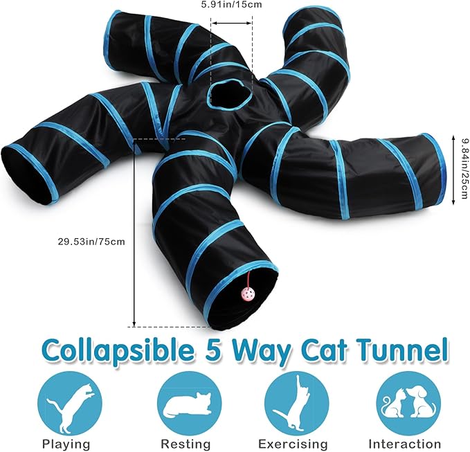 Poen 21 Pcs Cat Tunnel for Indoor Cats Set Collapsible 5 Way Cat Tubes with 20 Pcs Cat Toys Kitten Toys Interactive Cat Feather Toy Mouse Crinkle Balls Cat Tube for Puppy Kitten Rabbit(Blue Black)
