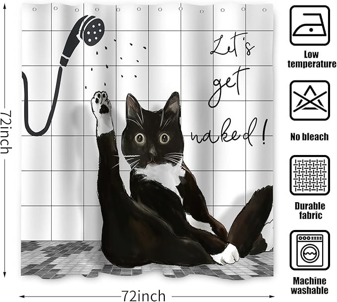 Black Cat Shower Curtain, Funny Kitty Animal Get Naked Plaid Machine Washable Waterproof Durable Fabric for Bathroom Decor Bathtub with 12 Hooks 72x72