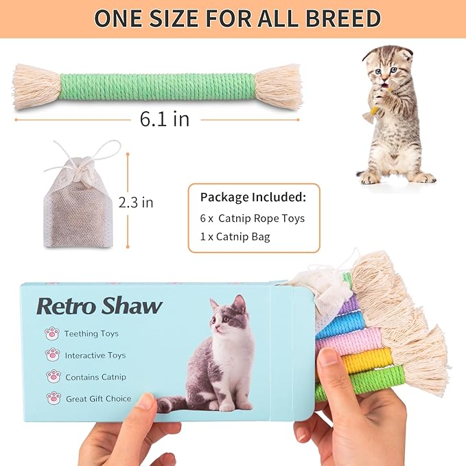 Retro Shaw Kitten Toys Catnip Rope,Cat Toys Chew Ropes 6 Pack,Kitten Teething Toys for Indoor Kittens Kitty,Interactive Cat Kicker Toys Small Cat Nip Toy Safe String 6.1 Inches