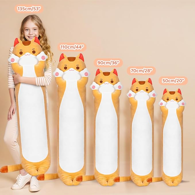 Artist-Designed Ultra Soft Long Cat Plush Body Pillow, Extra Stuffing for Comfort, Premium Quality Stuffed Animal Gift for Girlfriend or Cat Lovers (Brown Cat Body Pillow 28 Inch)