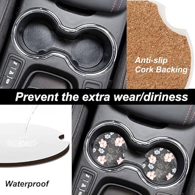 Absorbent Car Cupholder Coaster 2 Pack, Cute Car Coasters with a Finger Notch for Women & Men,2.56" Ceramic Stone & Non-Scratch Cork Base Drink Coasters, Cute Auto Accessories Gifts