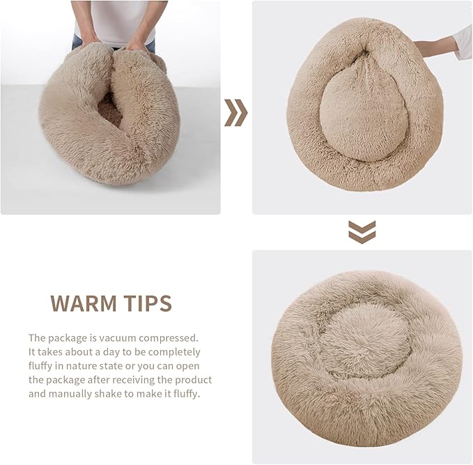 Small Cat Bed for Indoor Cats, Self-Warming Donut Kitty Bed for Small Cats Keeping Warm, Washable Pet Bed with Anti Slip Base, Khaki 20‘’