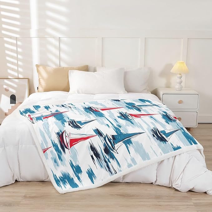Sailboat Sherpa Blanket Sailboat Printed Fleece Throw Blanket Nautical Plush Blanket for Sofa Couch Bed Bedroom Decor Ocean Marine Themed Fuzzy Blanket Sea Adventure Queen 90x90 Inch