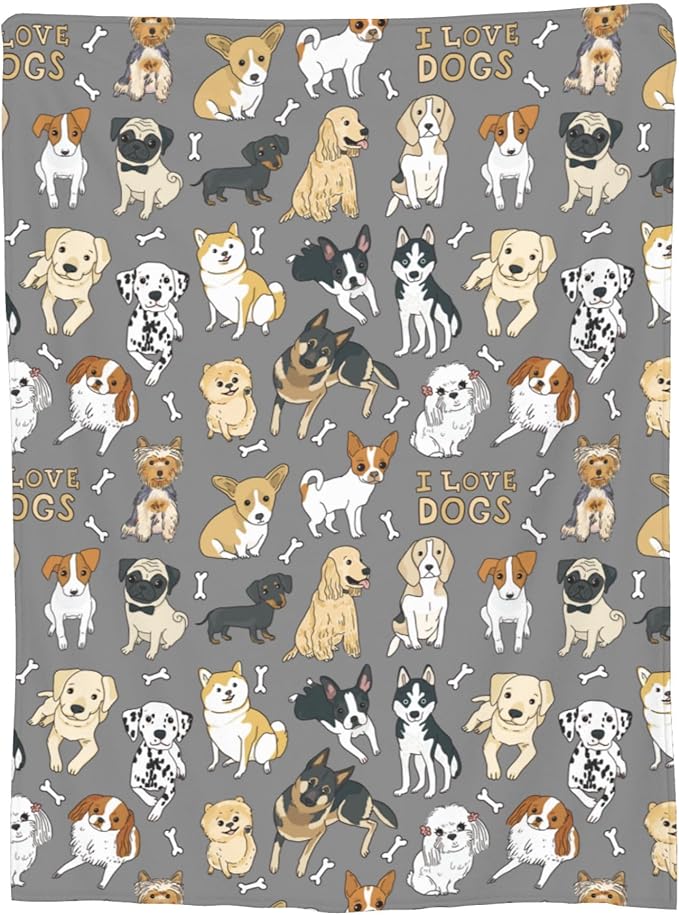 Cute Kids Dogs Puppies Print Blanket Throw 60"x50", Plush Flannel Blankets with Dogs on It, Gifts for Boys Girls Dog Lovers People