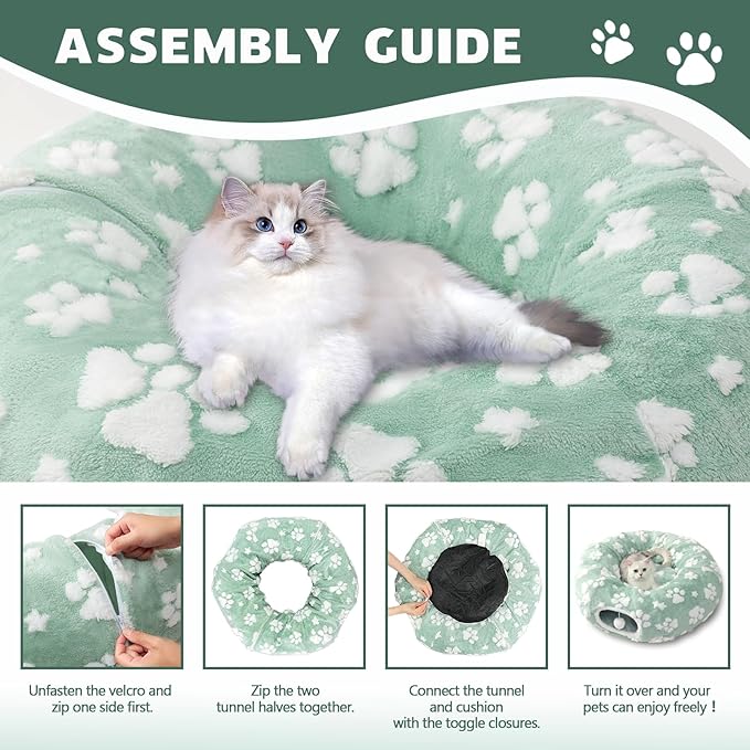 Cat Tunnel for Indoor Cats, Cute Peekaboo Cat Cave Play Tunnel with Dangling Balls, Pet Donut Tunnel Bed with Circle Mat for Cat Puppy Kitten Rabbit, Green