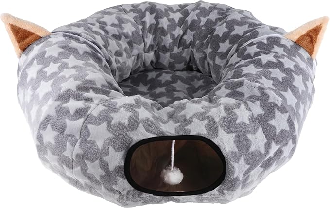 Cat Bed Tunnel Tree Skirt, Round Cave Donut Play Tunnels for Indoor Cats Large, 2 in 1 Soft Plush Mat and S Shape Collapsible Circle Tube with Zippers Hanging Ball Toy