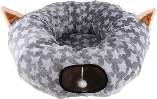Cat Bed Tunnel Tree Skirt, Round Cave Donut Play Tunnels for Indoor Cats Large, 2 in 1 Soft Plush Mat and S Shape Collapsible Circle Tube with Zippers Hanging Ball Toy