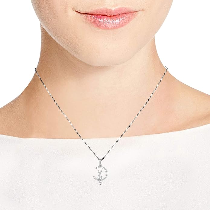 AeraVida Charming Cat Sitting on Crescent Moon .925 Sterling Silver Necklace | Crescent Moon Sterling Silver Necklace for Women