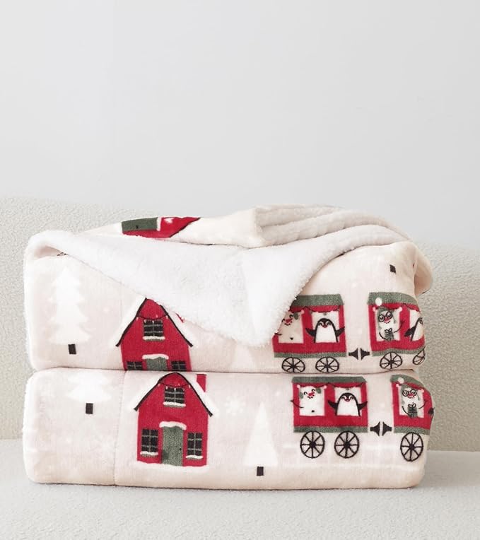 Elegant Comfort Reversible and Ultra-Plush Flannel Fleece-Winter Christmas Sherpa Throw- Lightweight Soft and Cozy-Holiday Decorative Throw, Perfect for Lounging, 50 x 60 inches, Santa Train