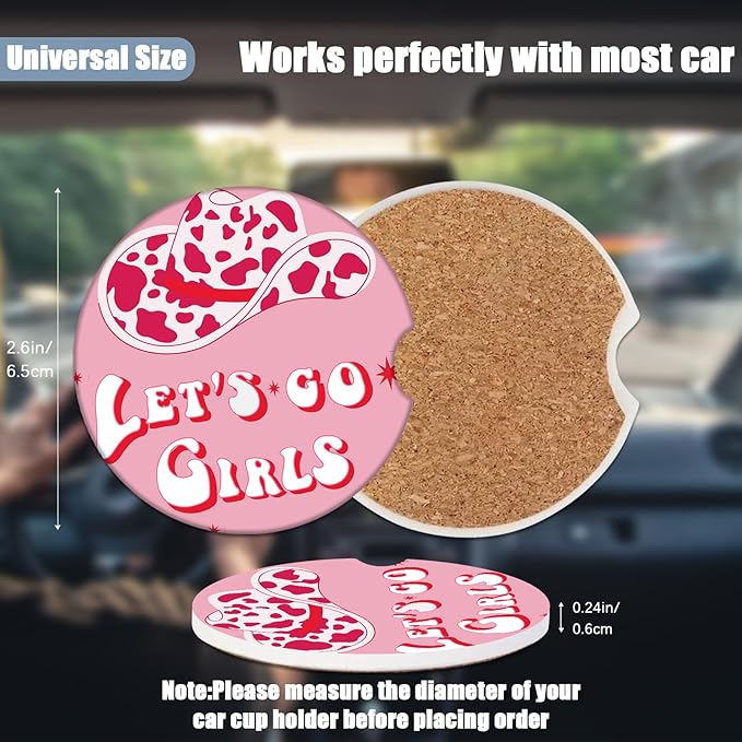 Car Cup Holder Coaster - Cow Hat Let's go Girl Women Absorbent Ceramic Coaster, Car Coasters for Cup Holders, Auto Accessories for Women & Men, Pack of 2