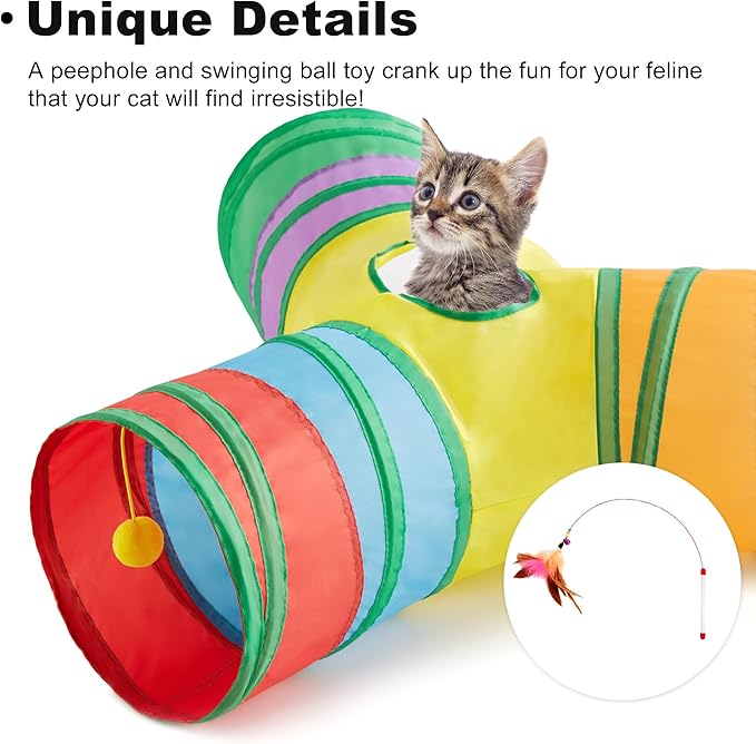 Love's cabin Cat Tunnel Tube Cat Toys 3 Way Collapsible, Cat Tunnels for Indoor Cats，Kitten Tunnel Bored Cat Play Tunnel with Peek Hole Toy Ball for Cat, Kitty, Kitten, Rabbit, Puppy Rainbow