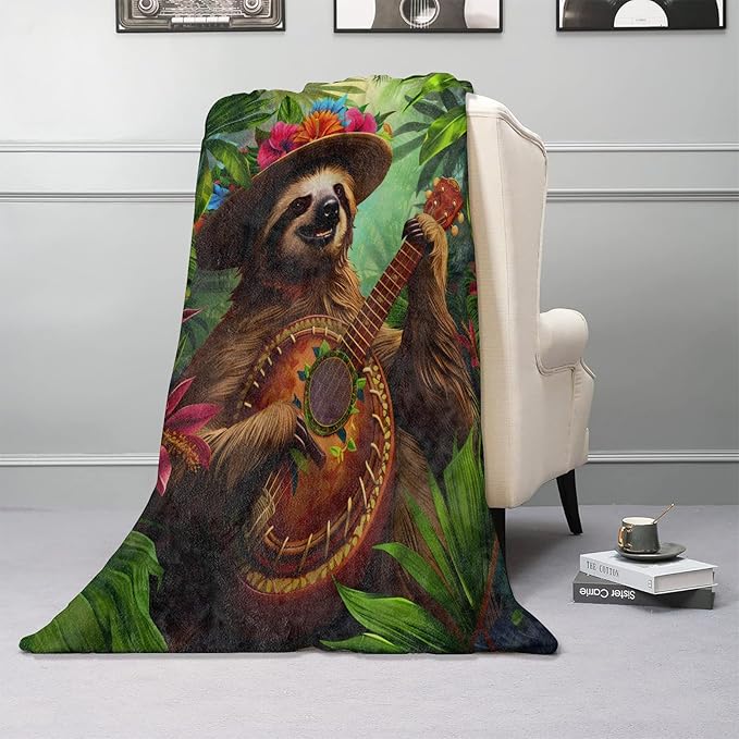 Music Sloth Blanket, Soft & Warm Flannel Throw Blanket - Cozy Lightweight Blankets for Travel, Sofa, Office, Bedroom for Adults Kids - Ideal for All Season 60"×50"