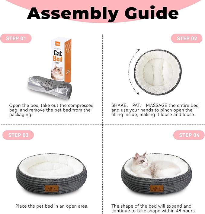 20in Washable Cat Beds for Indoor Cats - Round Donut Pet Bed for Cats, Small Dogs, Puppy, Kitten - Anti-Slip Bottom, Calming Bed Gift - Dark Grey