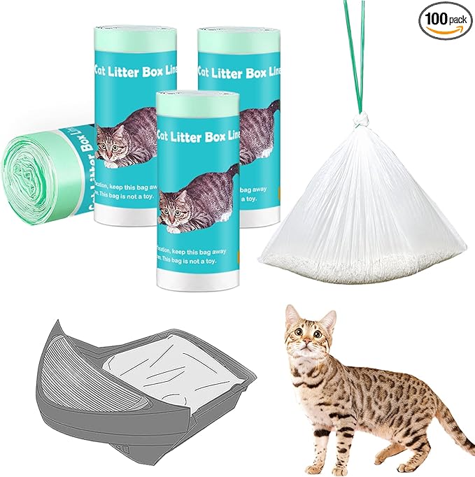 100 Pack Cat Litter Box Liner Bags Compatible with Litter Box Robot 4 and 3 Automatic Cat Litter Box, Thick Heavy Duty Drawstring Self-cleaning Litter Box Waste Drawer Liners, 9-11 Gallons Trash Bags