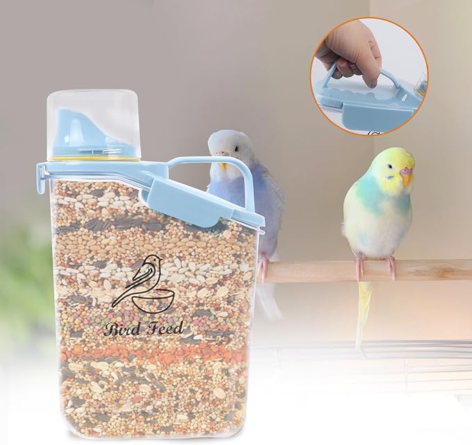 Bird Seed Storage Container,2.8L Airtight Bird Food Container with Handle and Measuring Cup,Portable Pet Food Container for Wild Bird Sunflower Seed-BPA Free Transparent/Blue