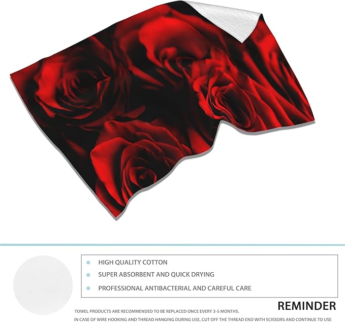 Rose Hand Towels Set, Abstract Red Rose & Black Leaves Polyester Cotton Soft Bath & Kitchen Towels 14x28