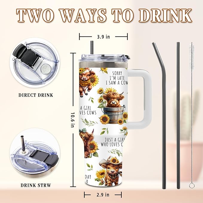 Highland Cow Gifts for Women, Cow Tumbler Flowers, Highland Cows Gift for Girls, Funny Cute Just A Girl Who Loves Cows, 40 Oz Tumbler with Handle