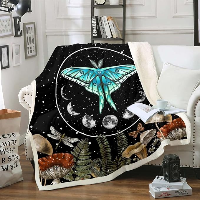 Blue Butterfly Throw Blanket for Bed Sofa Twin Size - Dragonfly Moth Mushroom Moon Phase Fleece Sherpa - Starry Sky Hippie Wild Fungus Plush Boho Bohemian Fuzzy