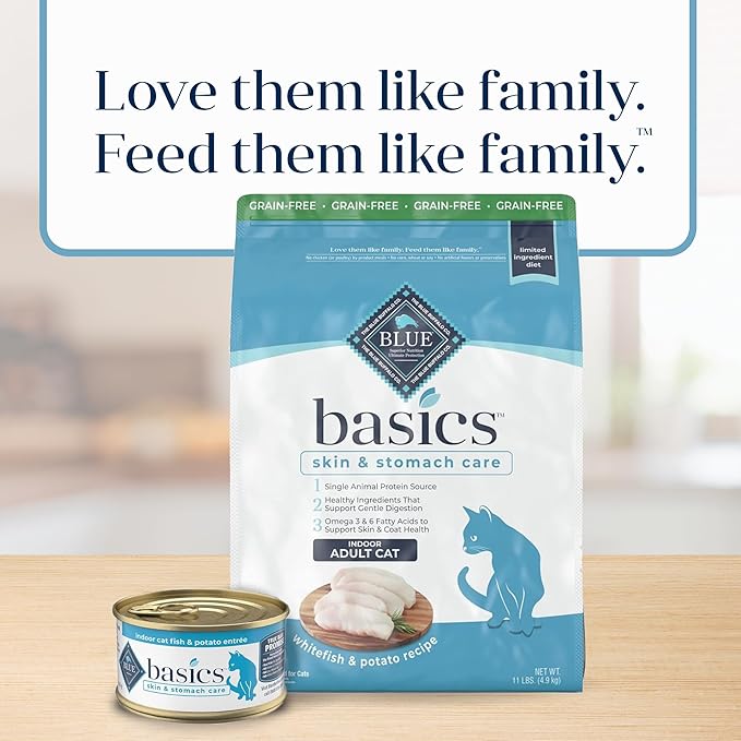 Blue Buffalo Basics Grain-Free Dry Cat Food, Skin & Stomach Care, Limited Ingredient Diet for Indoor Cats, Fish & Potato Recipe, 11-lb. Bag