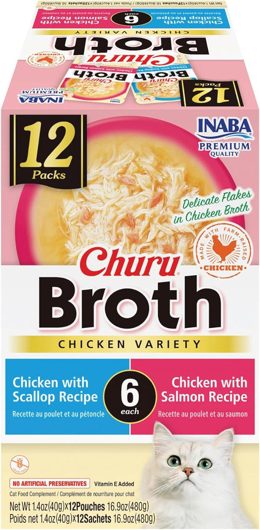 INABA Churu Broth for Cats, Creamy Broth with Shredded Chicken Side Dish Pouch, 1.4 Ounces per Pouch, 12 Pouches, Chicken Variety