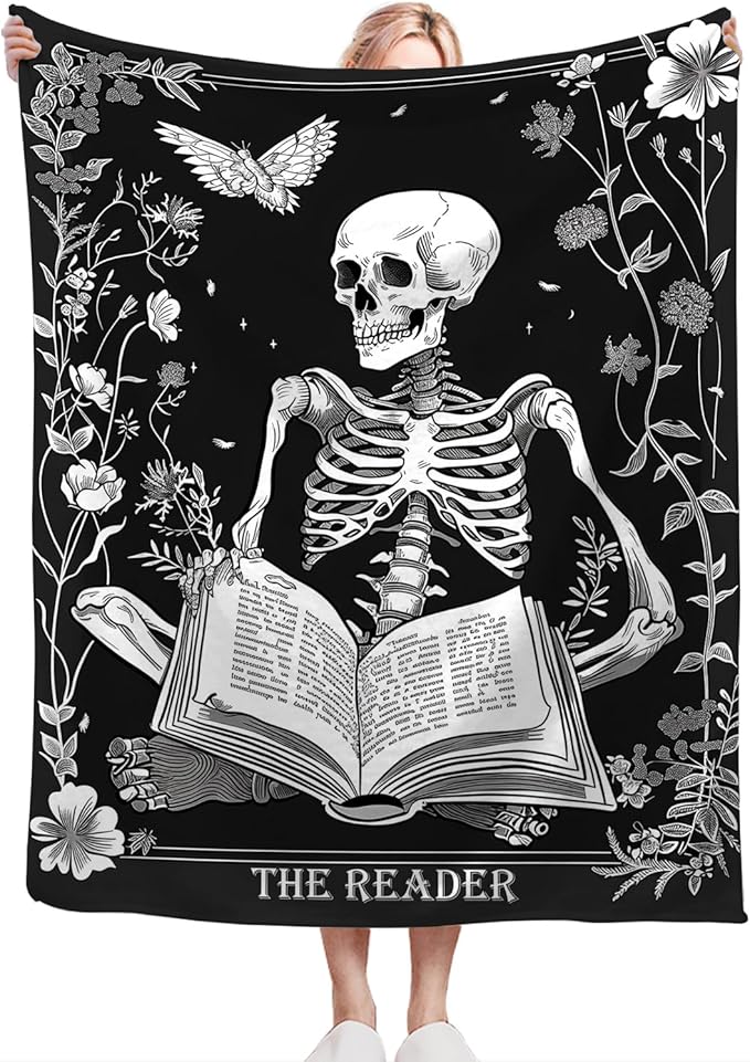 Reading Throw Blanket Ultra Soft Cozy Funny Skeleton Read Book Blanket Fleece Fuzzy Plush Skull Reading Lovers Reader Librarian Decor Gifts for Women Girls Adults Couch Sofa 80"x60"
