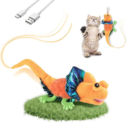 Migipaws Cat Toys, Touch Activated Flapping Chirping Lizard Kitten Toy with Catnip for Indoor Cats Kicker, Rechargeable （Orange）