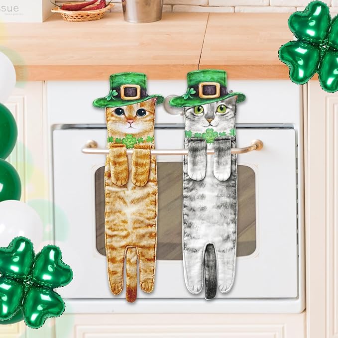 St Patrick's Day Cat Hand Towels for Kitchen Bathroom Decorations Gifts - Cute Shamrock Green Hanging Soft Absorbent Face Towel - Funny Birthday Housewarming Unique Gift for Women Mom Lady Cat Lovers