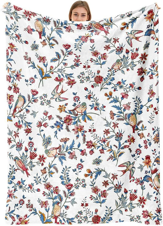 Bird Floral Throw Blanket Flower Plant Cozy Fuzzy Plush Throw Blanket Flannel Fleece Throw Blankets Gift for Women Girl Adult Boho Blankets for Bed Sofa Travel 50" x 60" Inch
