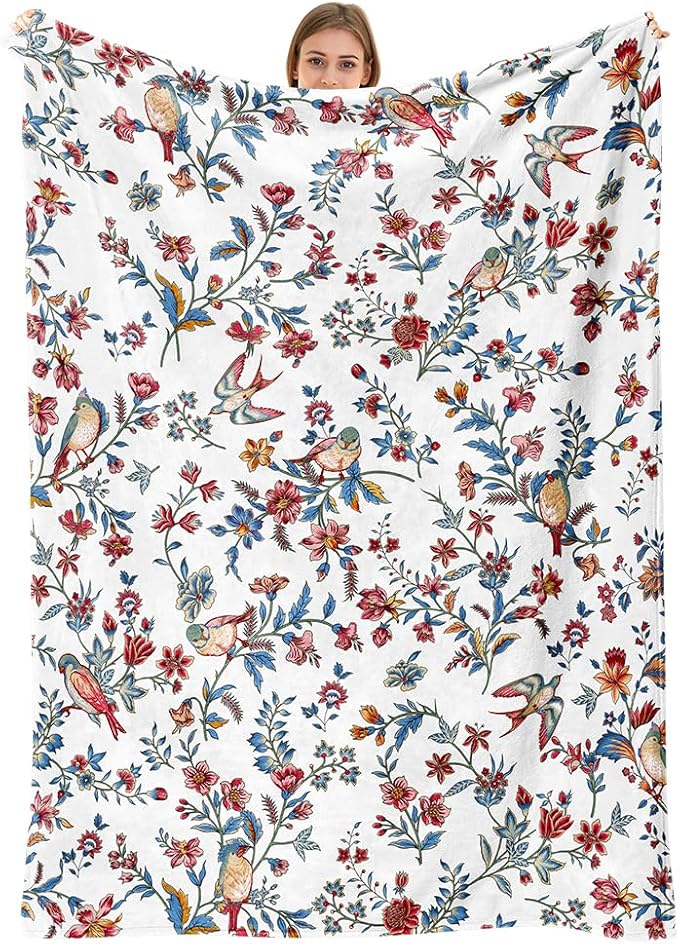 Bird Floral Throw Blanket Flower Plant Cozy Fuzzy Plush Throw Blankets Flannel Fleece Throw Blanket Gift for Women Girl Adult Boho Blankets for Bed Sofa Travel 60" x 80" Inch