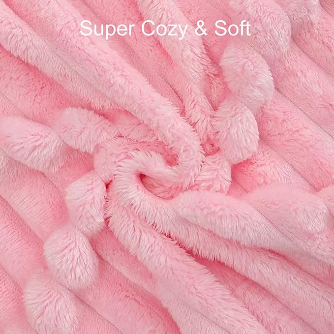Pink Fleece Fuzzy Throw Blanket, 3D Fleece Ribbed Jacquard Blanket, Aesthetic Room Decor for Couch Sofa Bed, Gifts for Christmas, Birthdays