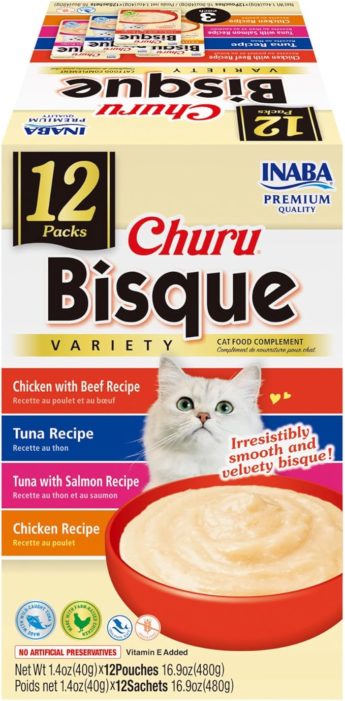 INABA Churu Bisque for Cats, Creamy Lickable Purée Side Dish with Vitamin E, 1.4 Ounces per Pouch, 12 Pouches, Tuna & Chicken Variety