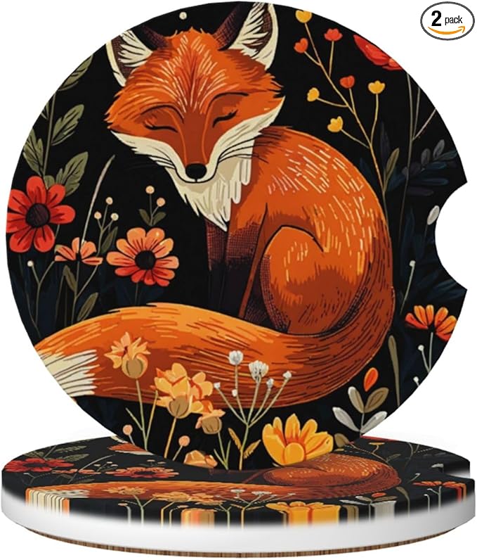 Absorbent Ceramic Car Coasters for Cup Holders, Fox Flower Design 2.56" Anti Slip Universal Drink Cup Coasters for Women Men (2 Pack)