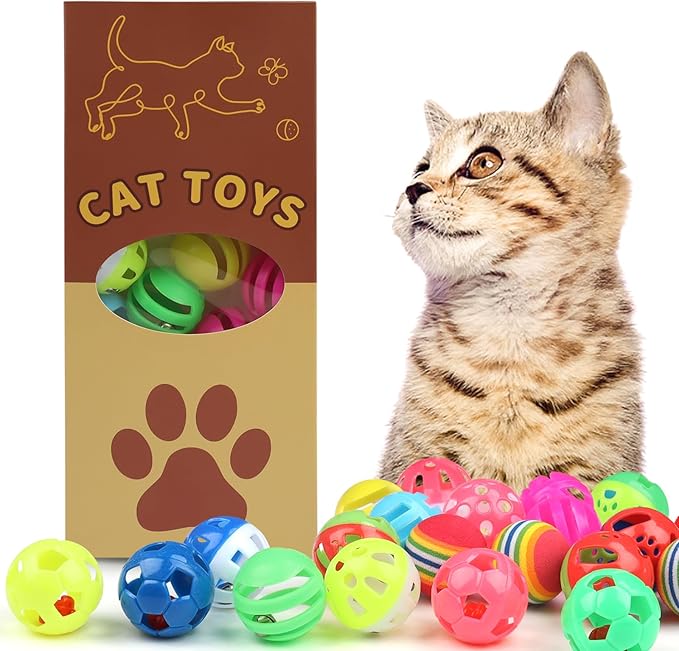 24pcs Value Pack Plastic Ball Cat Toys Lattice Balls with Bell Jingle Kitten Toy Rainbow Ball, Gift Box Styles
