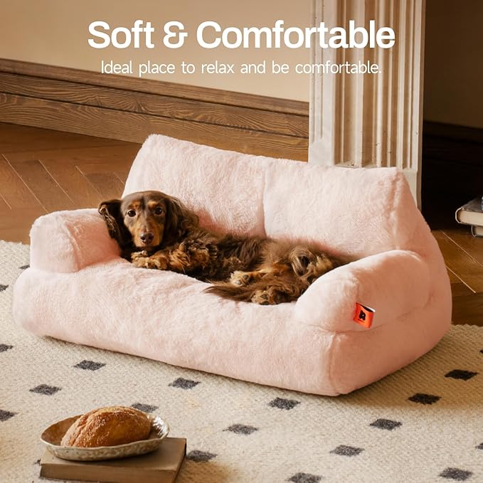 MEWOOFUN Pet Couch Bed, Washable Cat Beds for Medium Small Dogs & Cats up to 25 lbs, Dog Beds with Non-Slip Bottom, Fluffy Cat Couch, 26×19×13 Inch (Pink)