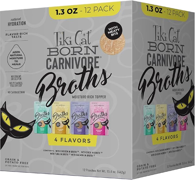 Tiki Cat Born Carnivore Broths Variety Pack, Meaty Bites, Hydration and Flavor Supplement Wet Cat Food Topper, 1.3 oz. Pouch (Pack of 12)