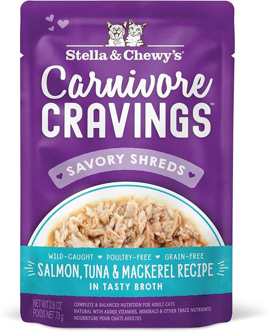 Stella & Chewy's Carnivore Cravings Wet Cat Food Pouches – Grain Free, Protein Rich Meal, Topper or Treat – Salmon, Tuna & Mackerel Recipe (2.8 Ounce Pouches, Case of 24)
