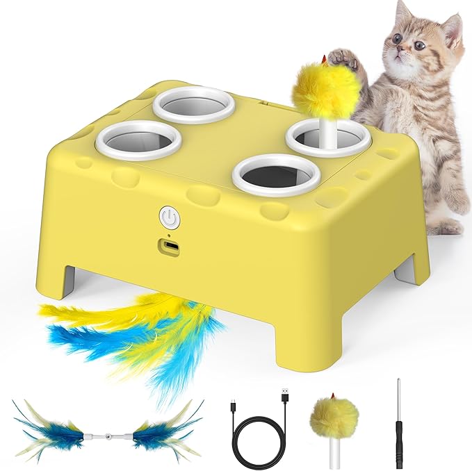 Cat Toys, Interactive Cat Toys, 2-in-1 Automatic Cat Toy, 4 Holes Mice Whack A Mole Cat Mouse Toy with Moving Feather, Portable USB Rechargeable Electronic Kitten Toys (Yellow)