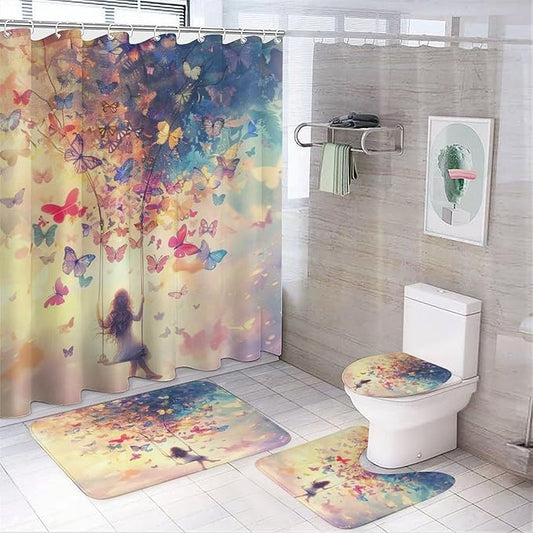 Brebasf Abstract Fantasy Animal Butterfly Shower Curtain Set Bathroom Set Decorative Watercolor Oil Painting Japanese Anime Girl Sunset Butterfly 4 Piecet
