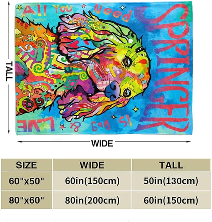 Tupmnbry Colorful Springer Spaniel Dog Printed Blanket - Super Soft Flannel Fleece, Lightweight Fluffy Plush, 60"X80"