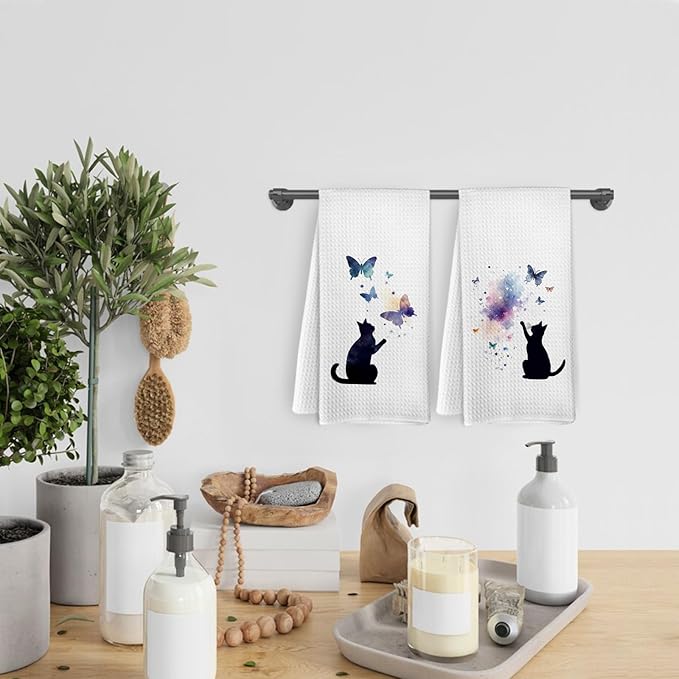 Black Cat Butterfly Kitchen Towels and Dishcloths Set of 2, Funny Cat Themed Dish Towels, Preppy Decorative Hand Tea Towels for Bathroom Kitchen, Gifts for Cat Lovers and Women, 16×24 Inches