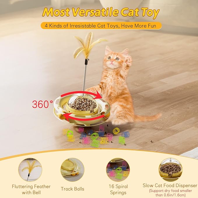 SEVENKA Cat Toys, 4in1 Interactive Kitten Toy, Fluttering Feather Toy, Track Ball, 16 Cat Spiral Spring, Slow Cat Treats Dispenser Cat Feeder Cat Food Dispensing Pet Supplies, Indoor Exercise Kicker