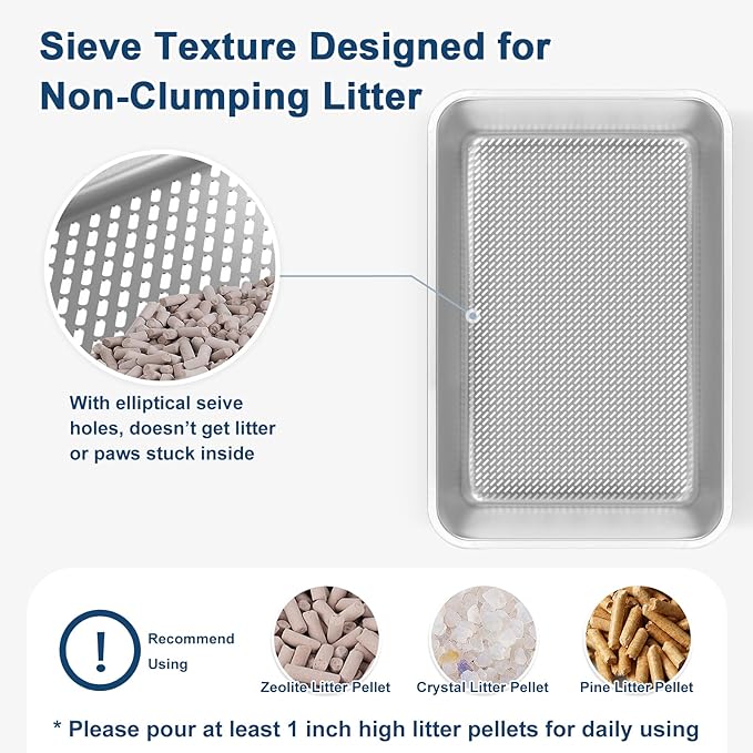19.7''x13.7''x6'' Stainless Steel Litter Box, Open Top Sifting Litter Box for Pine Pellets, Metal Cat Litter Box Pan Tray System with Scoop and Pee Pad, Odor Control, Low Dust, Easy Cleaning