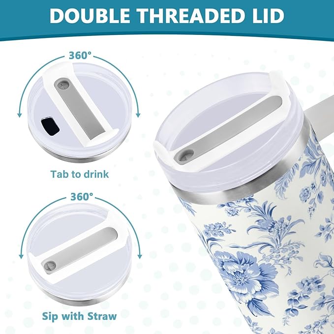 Boccsty Vintage French Floral Insulated Tumblers Blue Pattern Reusable Stainless Steel Tumbler 40 oz Cup Coffee Travel Mug Water Bottle with Handle & Flip Straw for Home Office Car