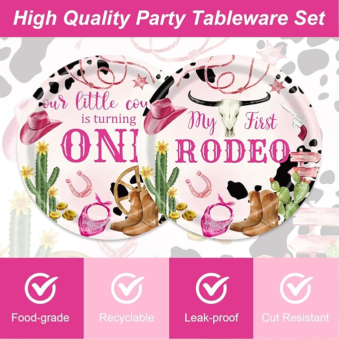 48Pcs My First Rodeo Decorations Western Cowgirl 1st Party Tableware Set Wild West Pink Disposable Plates Napkins Forks Serves 16 Baby Shower First Birthday Decorations For Girl