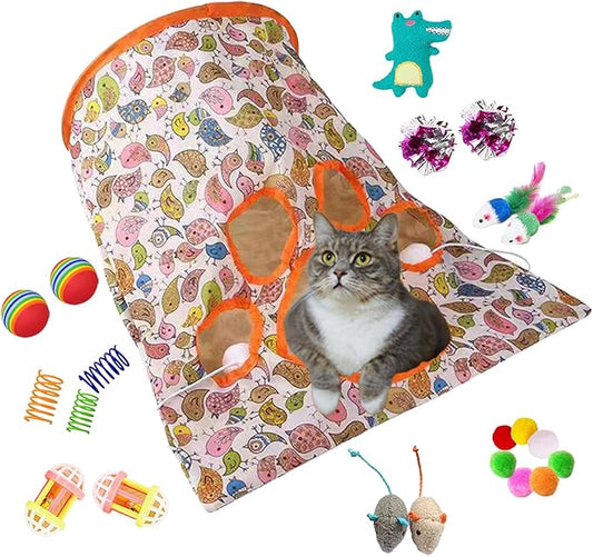 Cat Toys Tunnel Bag Toys Set, Fun Cat Tunnel Bag with 22pcs Rich Interactive Cat Toys, Cat Toy Gift Collection for Indoor Kittens or Cats, Interactive Cat Exercise Toys (Pink)