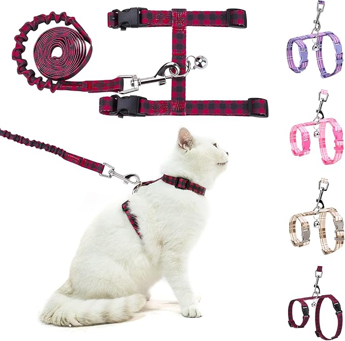 BEAUTYZOO Cat Harness and Leash Set Escape Proof for Walking, Kitten Soft Adjustable Vest Harnesses for Small Medium Large Cats, Easy Control Breathable Plaid Ribbon Nylon for Outdoor Indoor Use