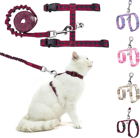 BEAUTYZOO Cat Harness and Leash Set Escape Proof for Walking, Kitten Soft Adjustable Vest Harnesses for Small Medium Large Cats, Easy Control Breathable Plaid Ribbon Nylon for Outdoor Indoor Use