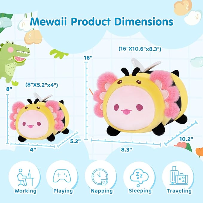 Cute Axolotl Bee Plush Pillow, Kawaii Plushies Axolotl Stuffed Toy, Axolotl Plushies with Bee Outfit Costume, Soft Squishy Birthday Gifts for Kids & Teens (8 Inch)