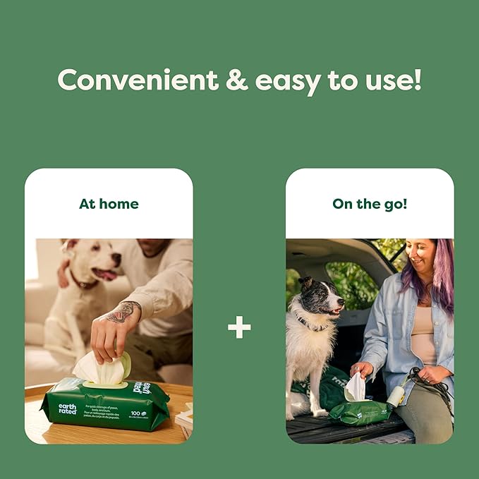 Earth Rated 3-in-1 Pet Grooming Wipes, Cleaning, Deodorizing & Hydrating for Paws, Body, and Butt, Perfect for Dogs & Cats, White Tea and Basil Scent, 100 Count